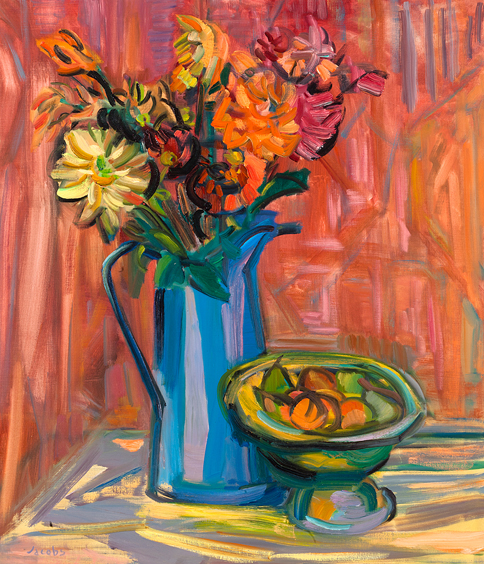 Blue Pitcher with Dahlias 40 x 34 inches